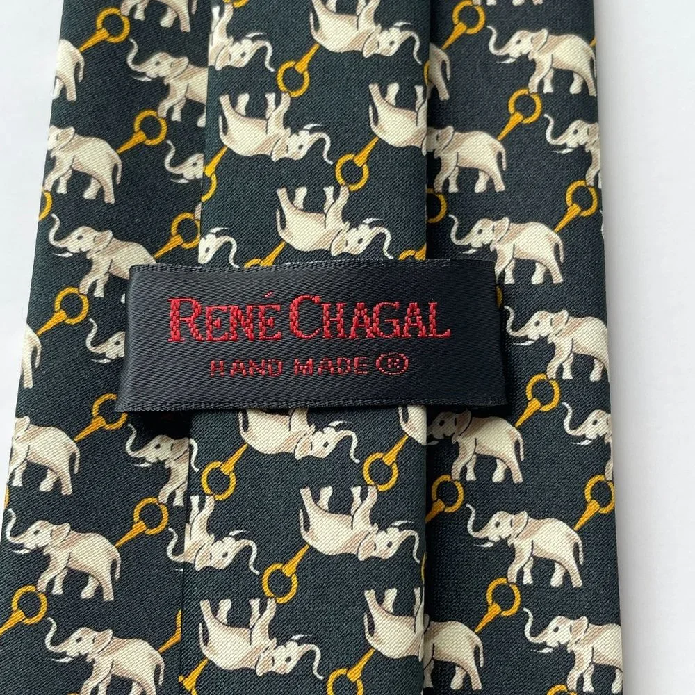 Rene Chagal Black Elephant Print Hand‎ Made 100% Silk Neck Tie Novelty Neckwear
